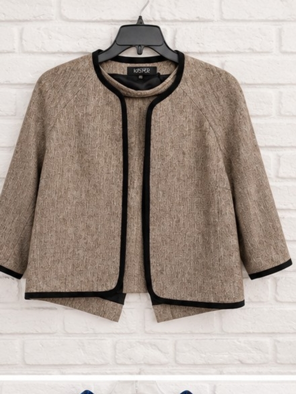 Kasper Taupe Cropped Open-Front Cardigan with Black Trim